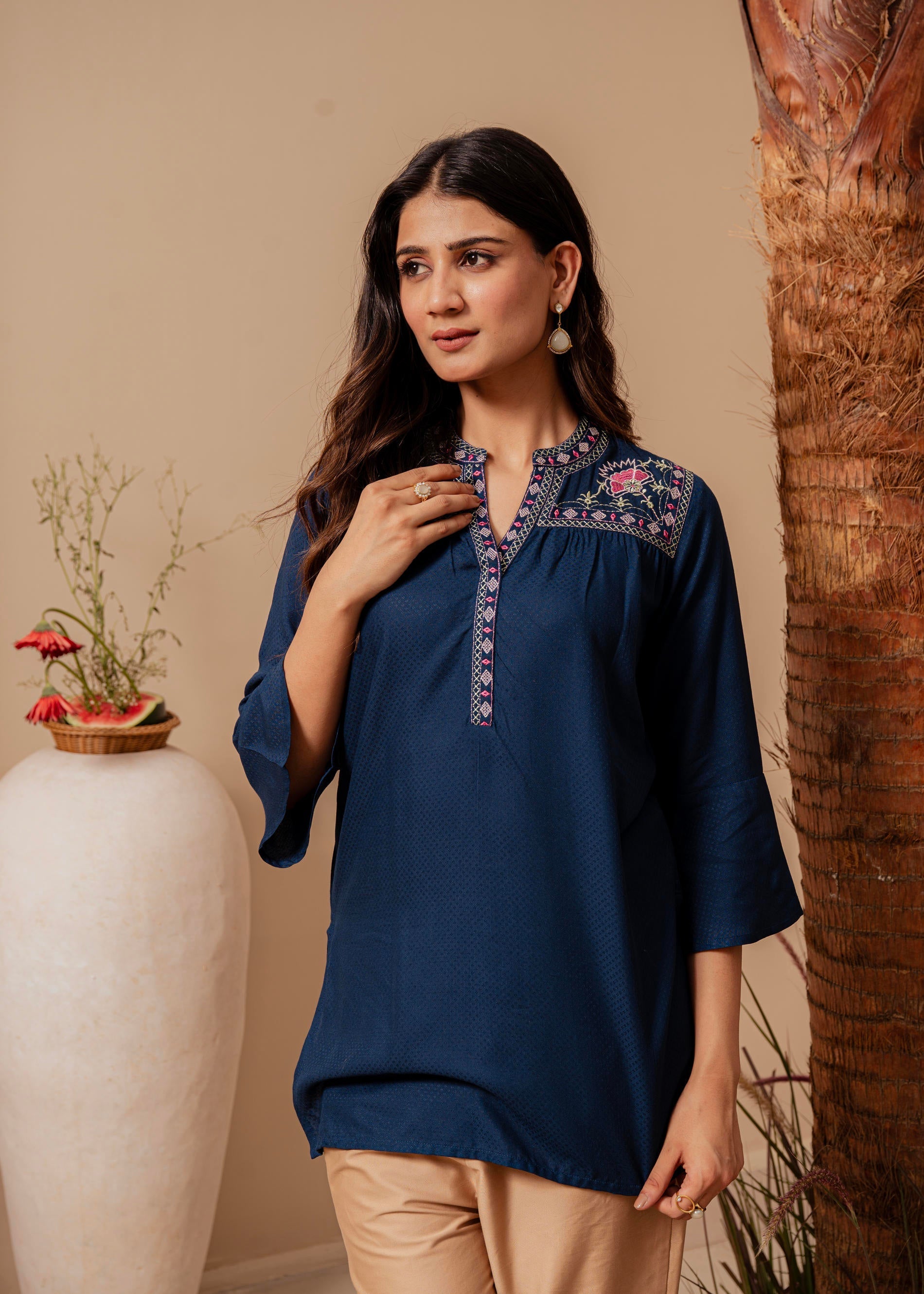 Midnight Blue Solid Viscose Tunic with Thread Work | DesiQlo