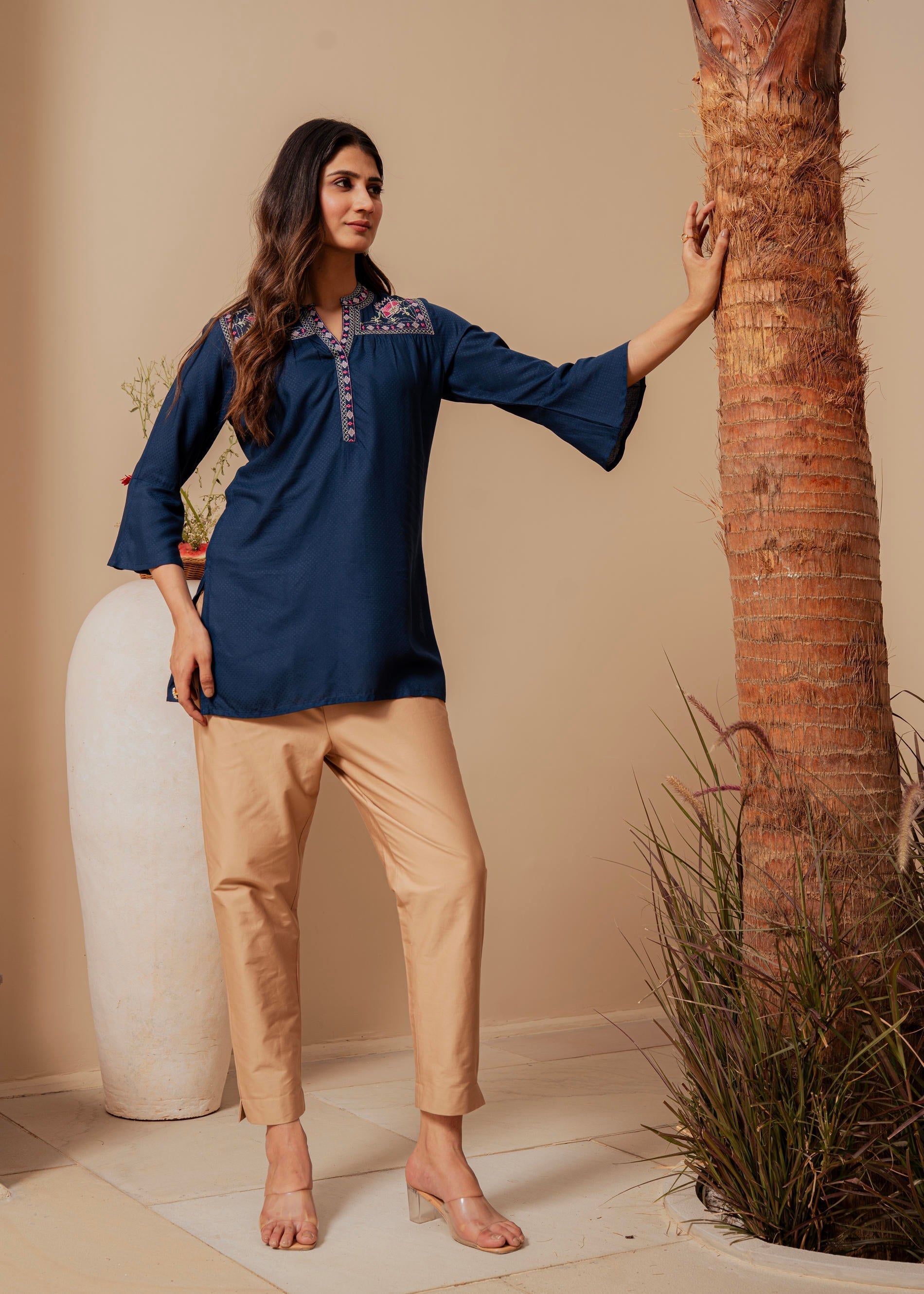 Midnight Blue Solid Viscose Tunic with Thread Work | DesiQlo