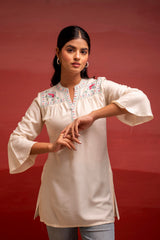 Off White Solid Viscose Tunic with  Thread Work