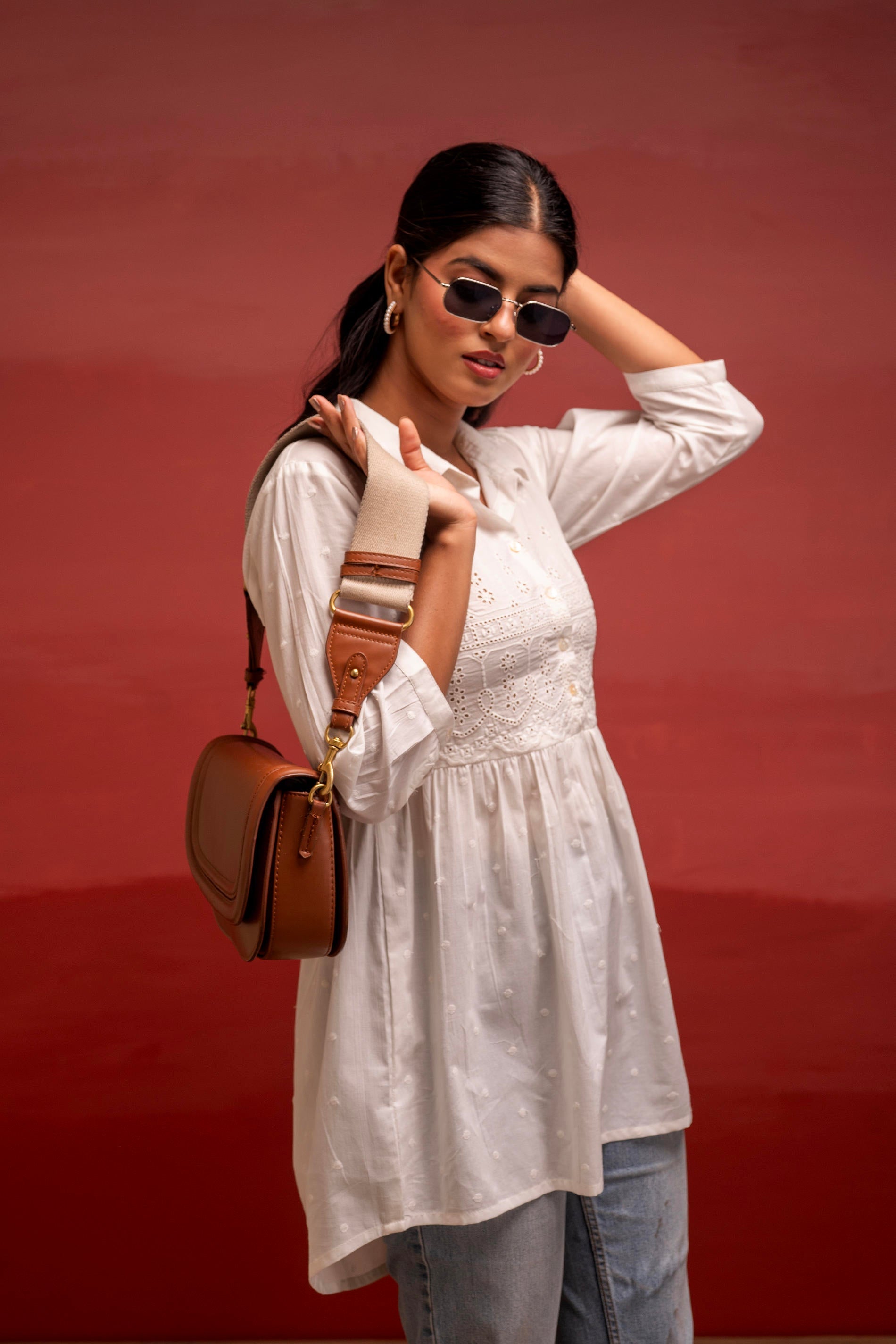 White Solid Cotton Tunic with Schiffli Work and Button Detailing | Des