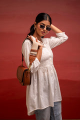 White Solid Cotton Tunic with Schiffli Work and Button Detailing