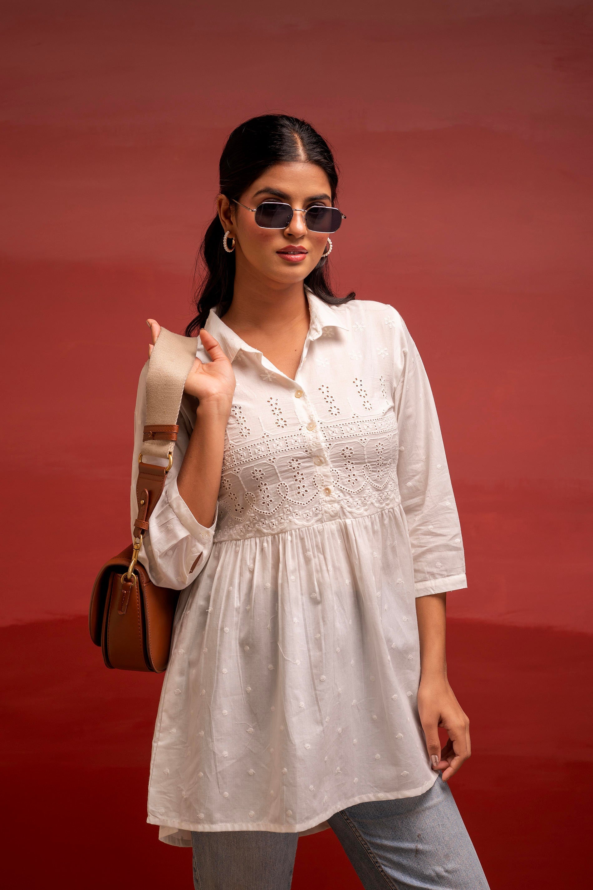 White Solid Cotton Tunic with Schiffli Work and Button Detailing | Des