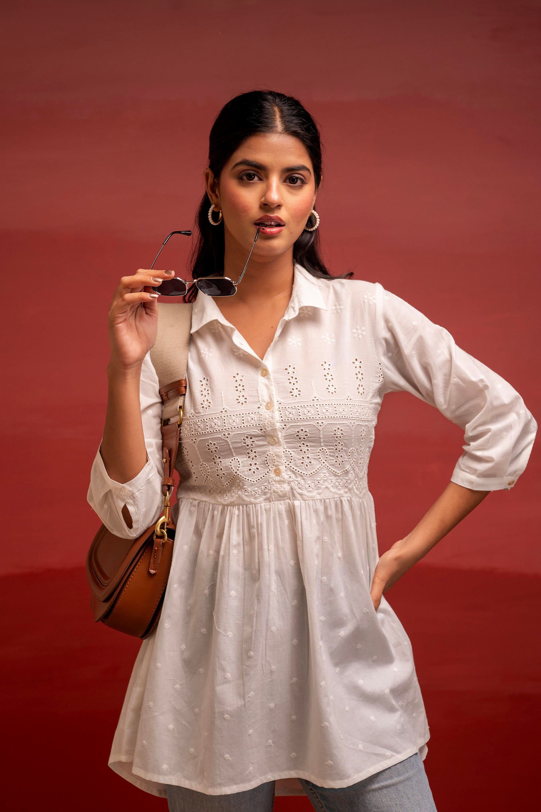 White Solid Cotton Tunic with Schiffli Work and Button Detailing | Des