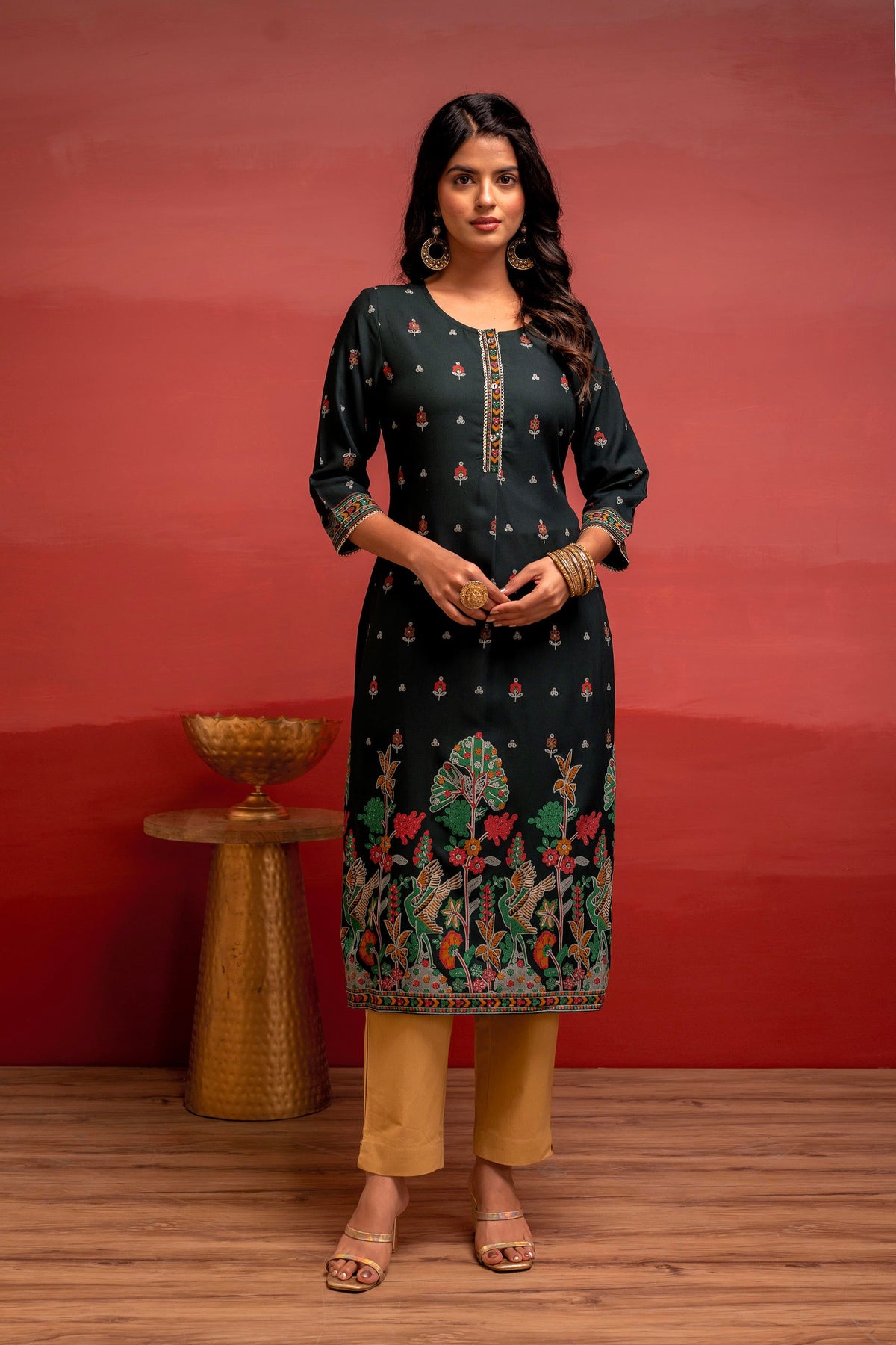 Dark Green  Festive  Straight Kurta with Heritage Motifs