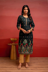 Dark Green  Festive  Straight Kurta with Heritage Motifs