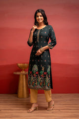 Dark Green  Festive  Straight Kurta with Heritage Motifs