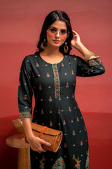 Dark Green  Festive  Straight Kurta with Heritage Motifs