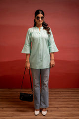 Mint Solid Cotton Straight Tunic with Thread Work and Button Detailing