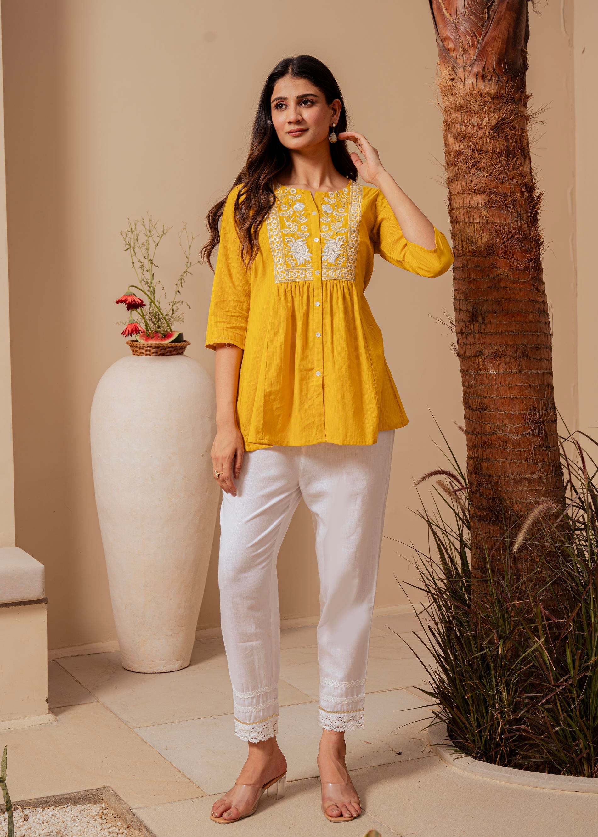 Mustard Striped Cotton Tunic with Thread Work and Button Detailing | D