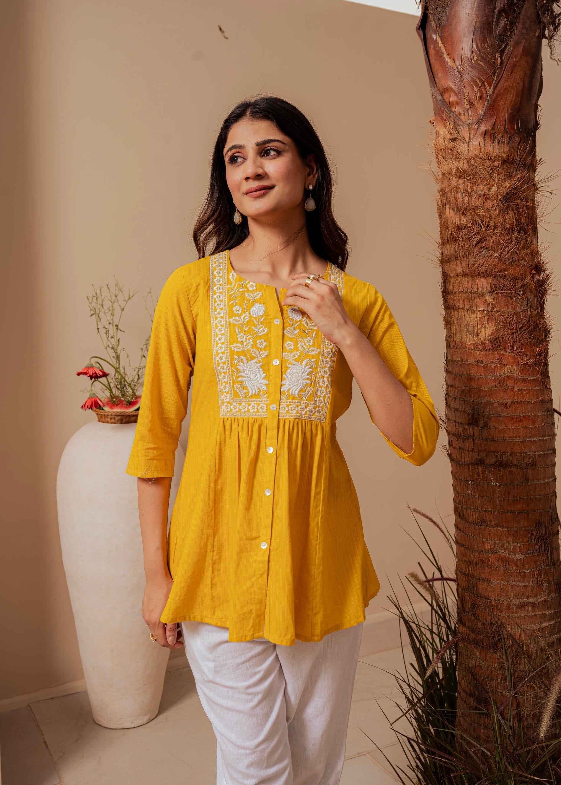Mustard Striped Cotton Tunic with Thread Work and Button Detailing | D
