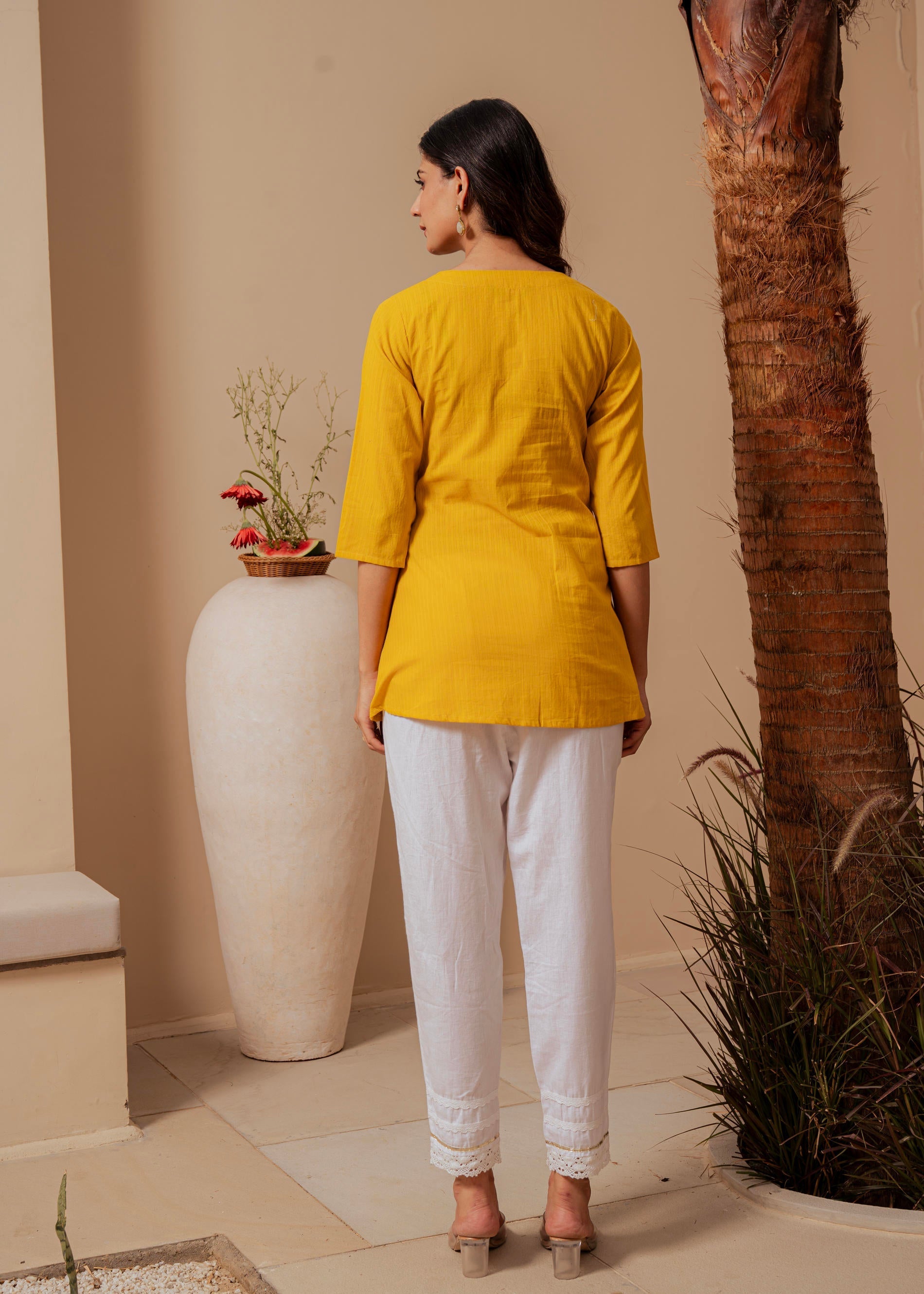 Mustard Striped Cotton Tunic with Thread Work and Button Detailing | D