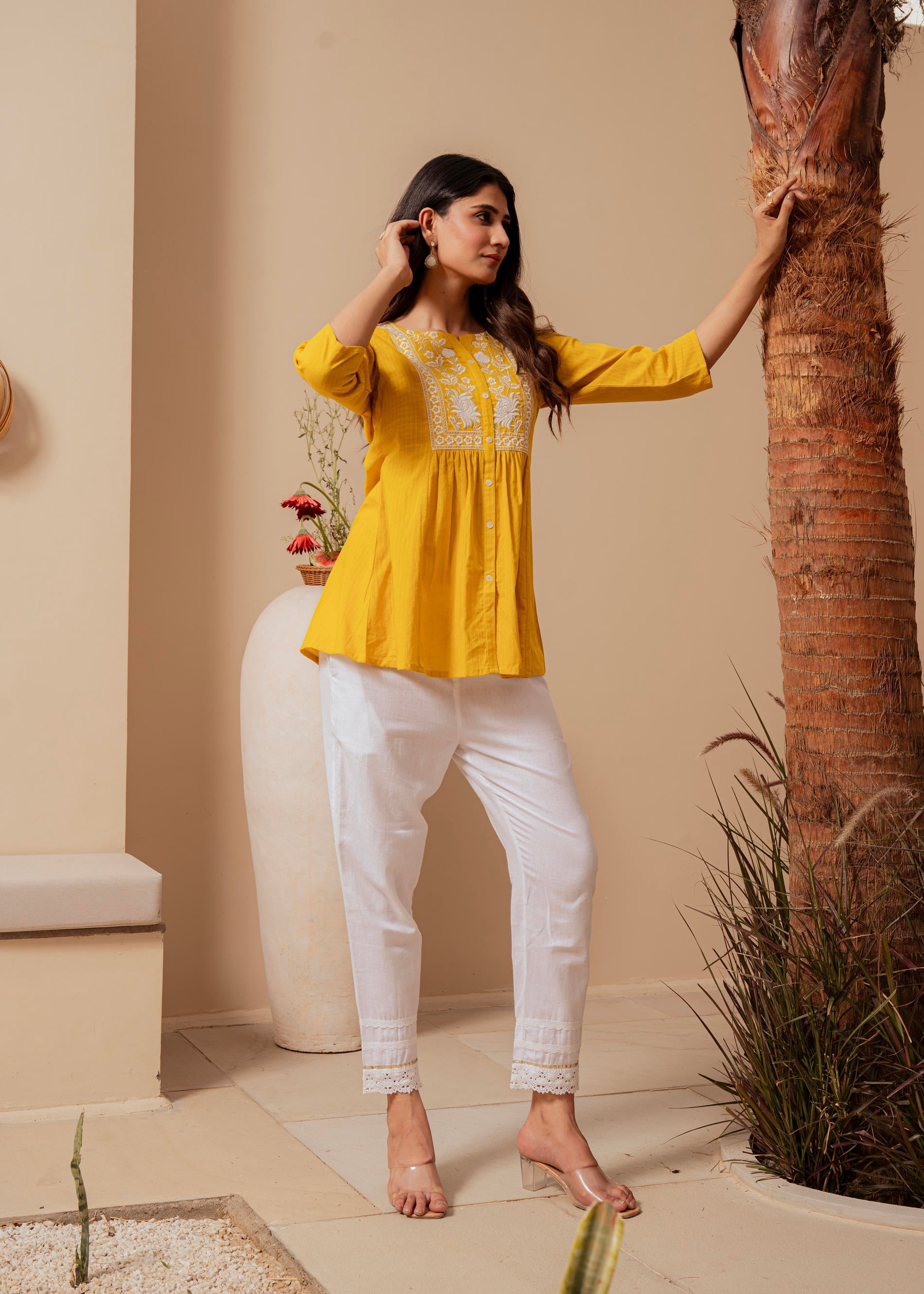 Mustard Striped Cotton Tunic with Thread Work and Button Detailing | D