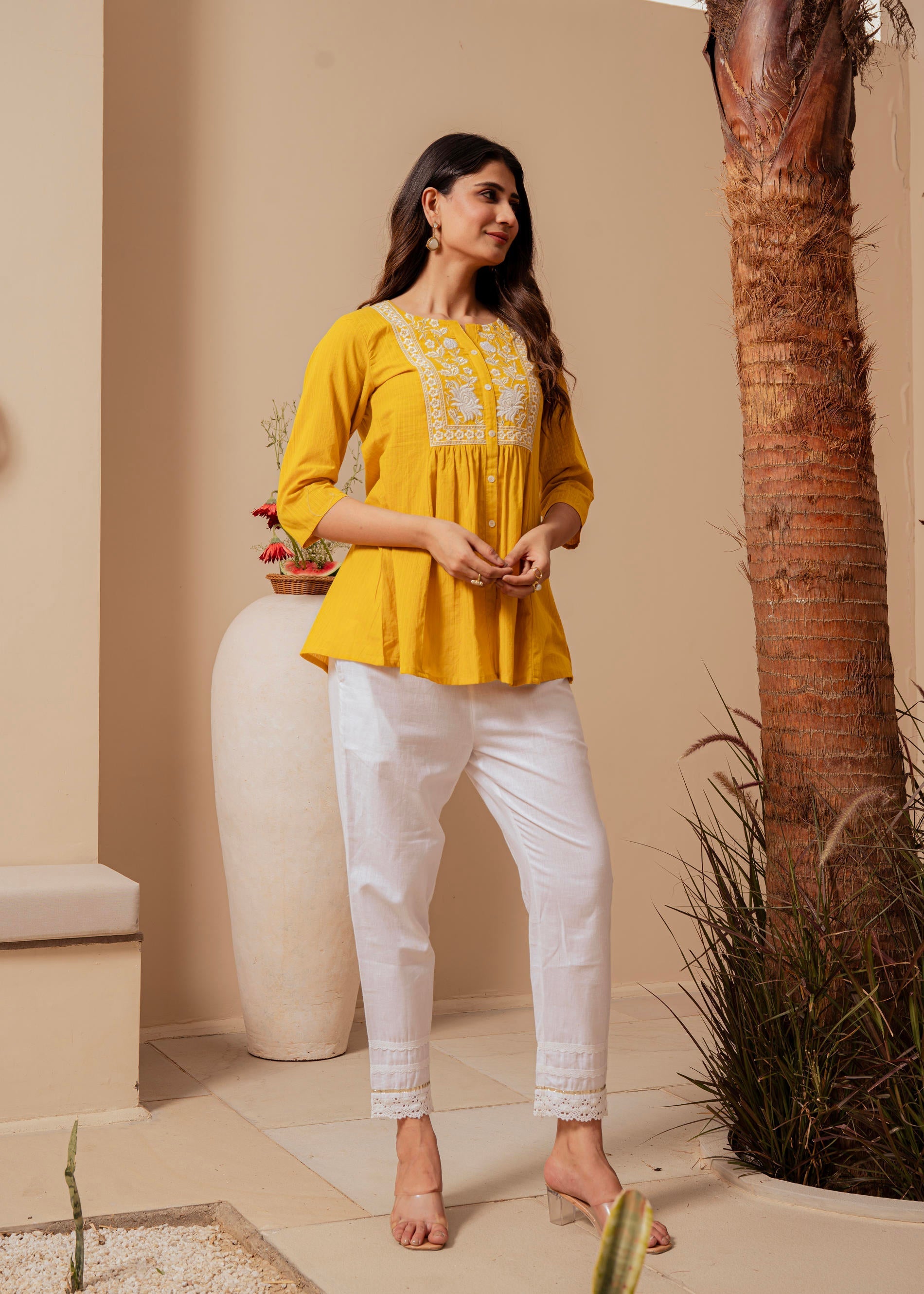 Mustard Striped Cotton Tunic with Thread Work and Button Detailing | D