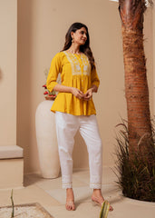 Mustard Striped Cotton Tunic with Thread Work and Button Detailing