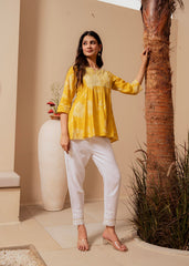 Mustard Ethnic Motifs Viscose Tunic with Thread Work and Mirror Detailing