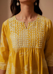 Mustard Ethnic Motifs Viscose Tunic with Thread Work and Mirror Detailing