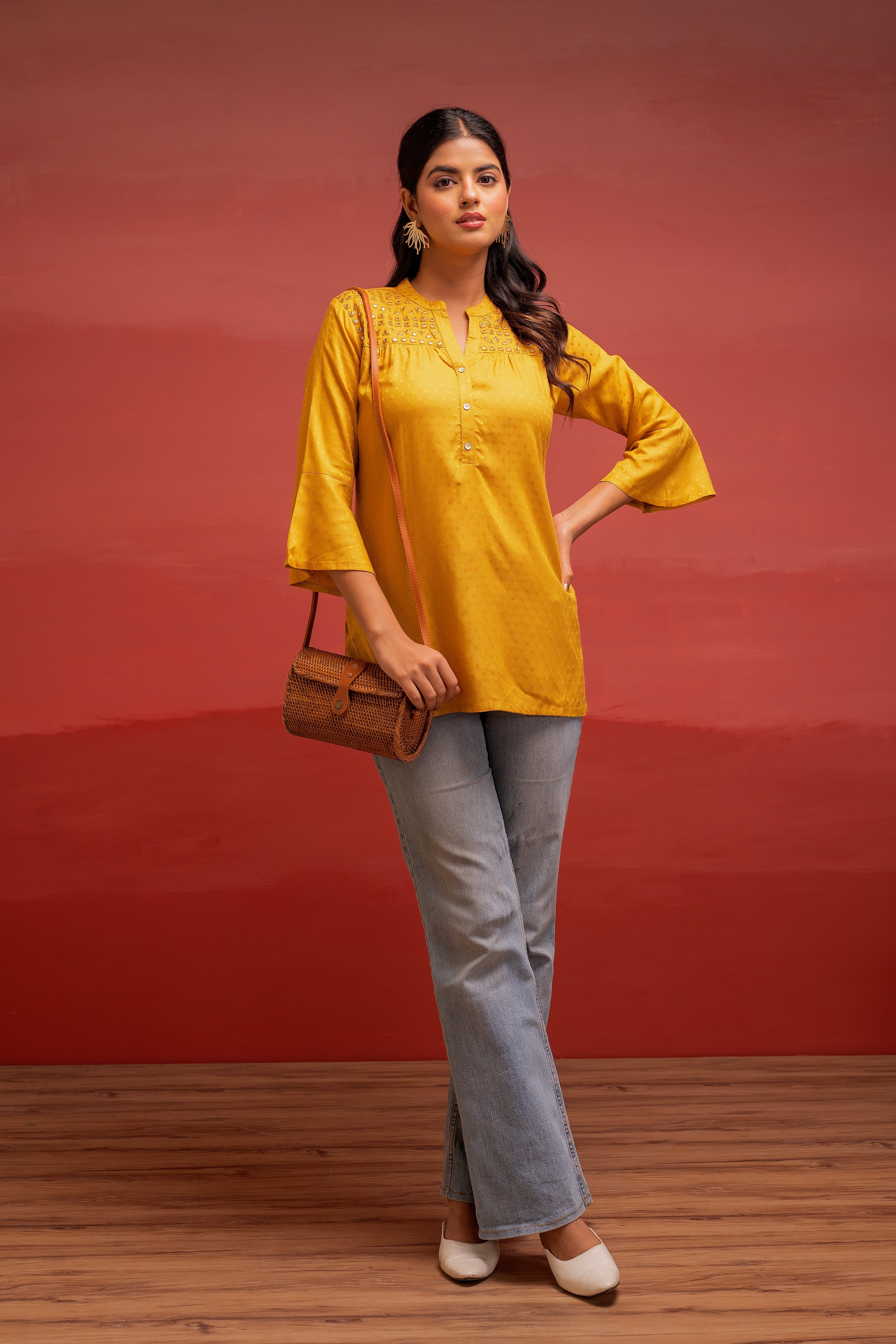 Mustard Polka Dot Viscose Tunic with Thread Work, Mirror & Button Deta