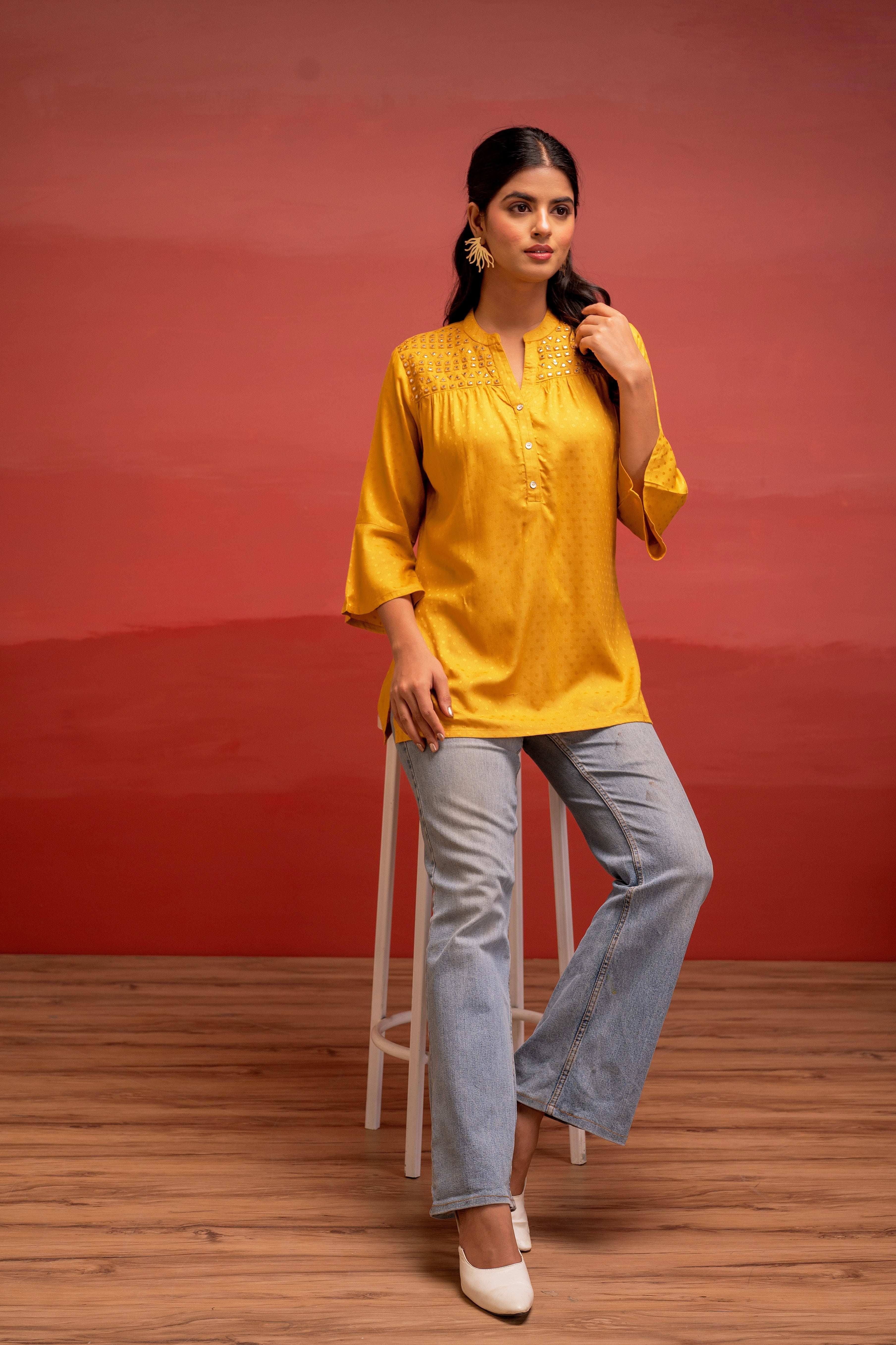 Mustard Polka Dot Viscose Tunic with Thread Work, Mirror & Button Deta