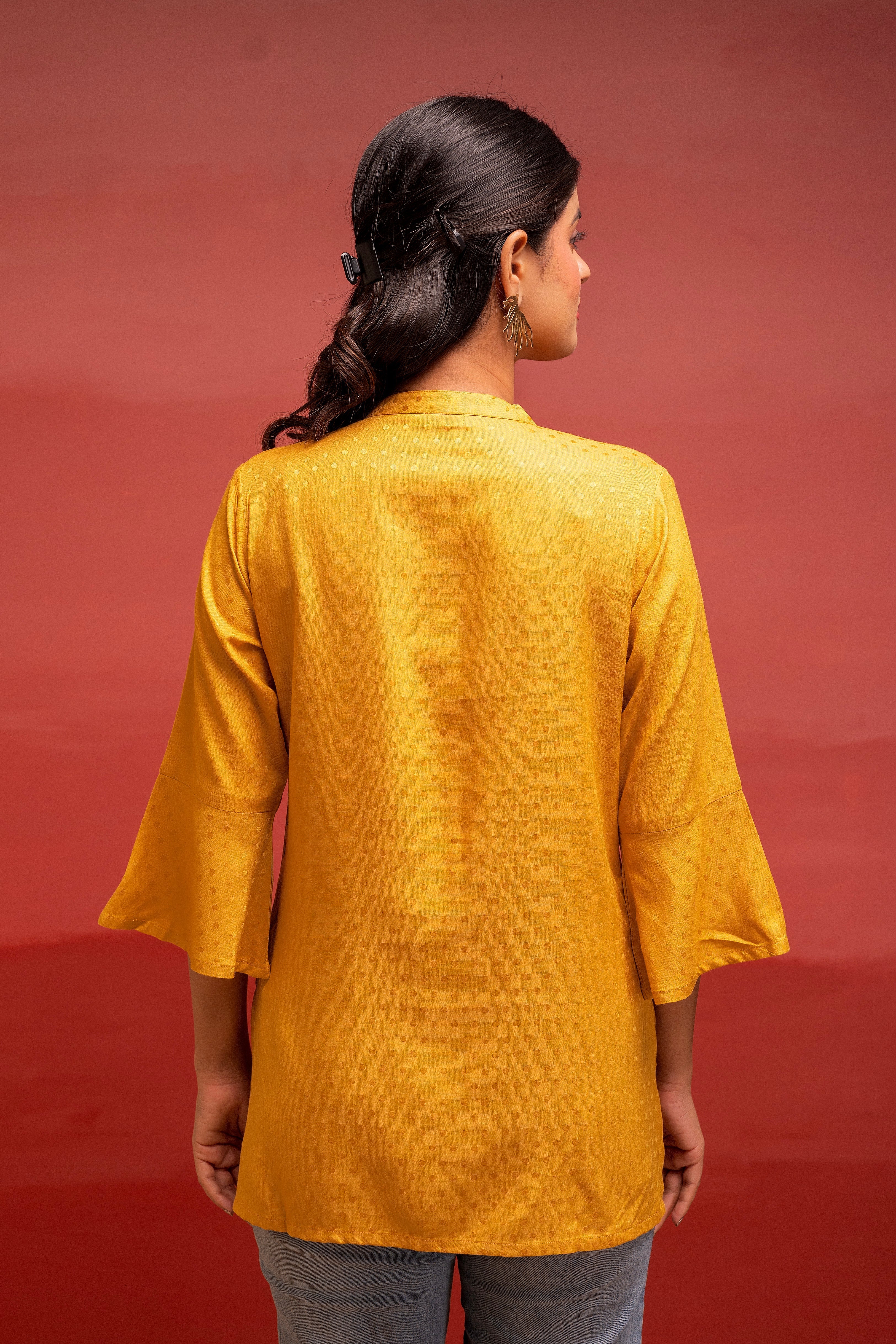 Mustard Polka Dot Viscose Tunic with Thread Work, Mirror & Button Deta