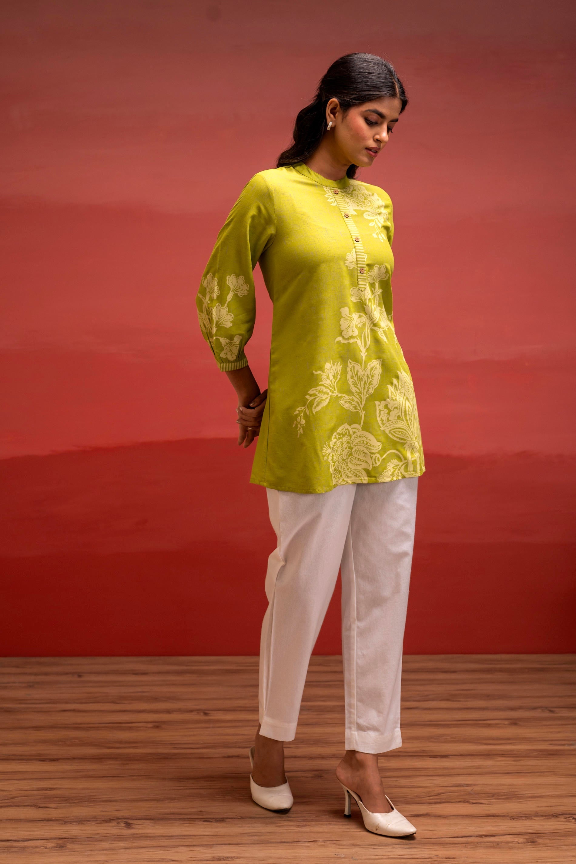Lime Floral Printed Viscose Tunic with Button Detailing