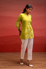 Lime Floral Printed Viscose Tunic with Button Detailing