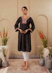 Black Striped Viscose Kurta with Embroidered Thread Work and Mirror Detailing