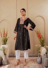 Black Striped Viscose Kurta with Embroidered Thread Work and Mirror Detailing