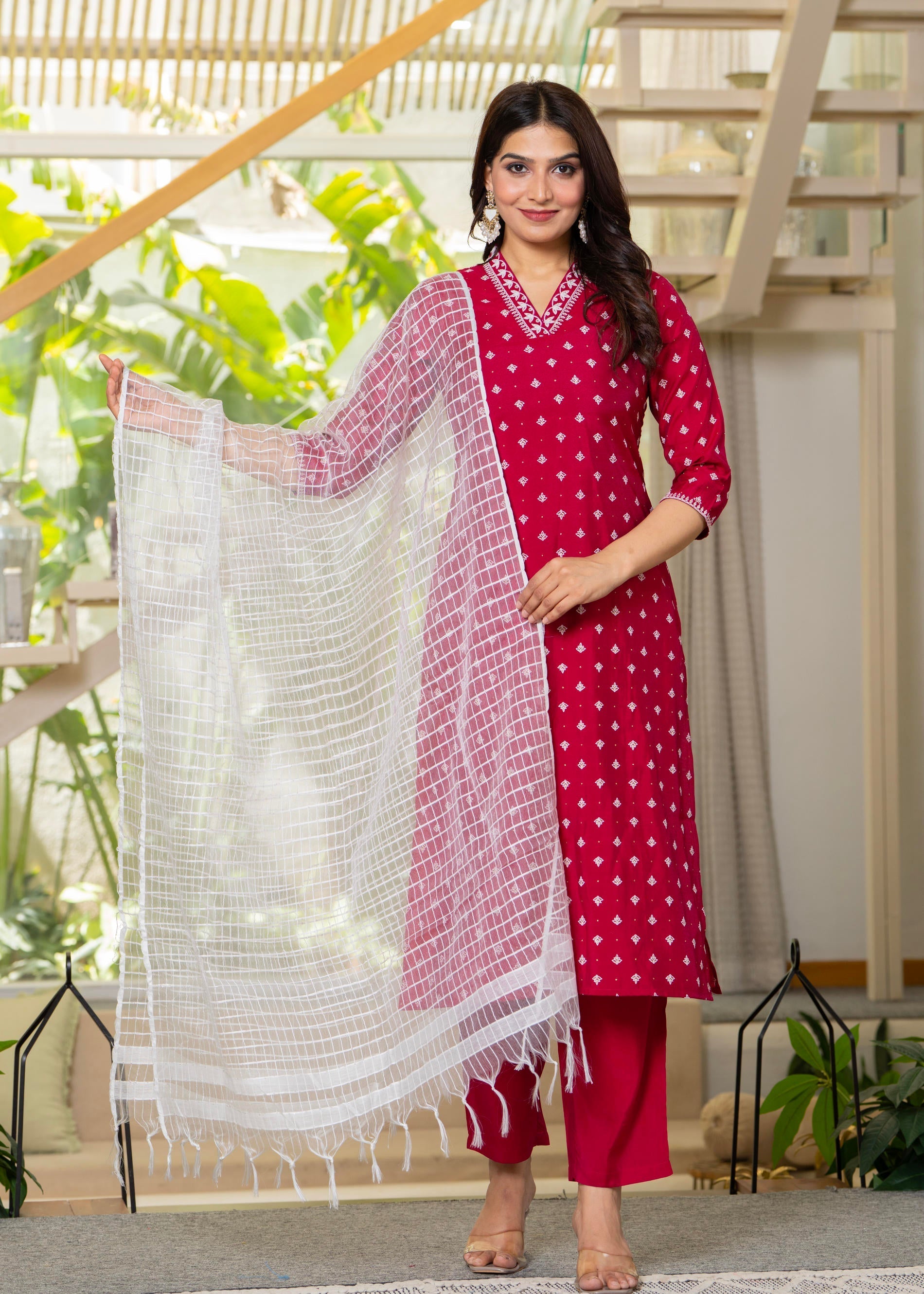 Fuchsia Solid Man Made Fiber Kurta, Pant & Dupatta Set with Thread Wor