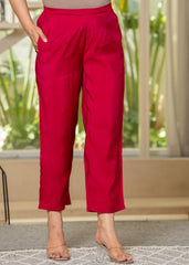 Fuchsia Solid Man Made Fiber Kurta, Pant & Dupatta Set with Thread Work