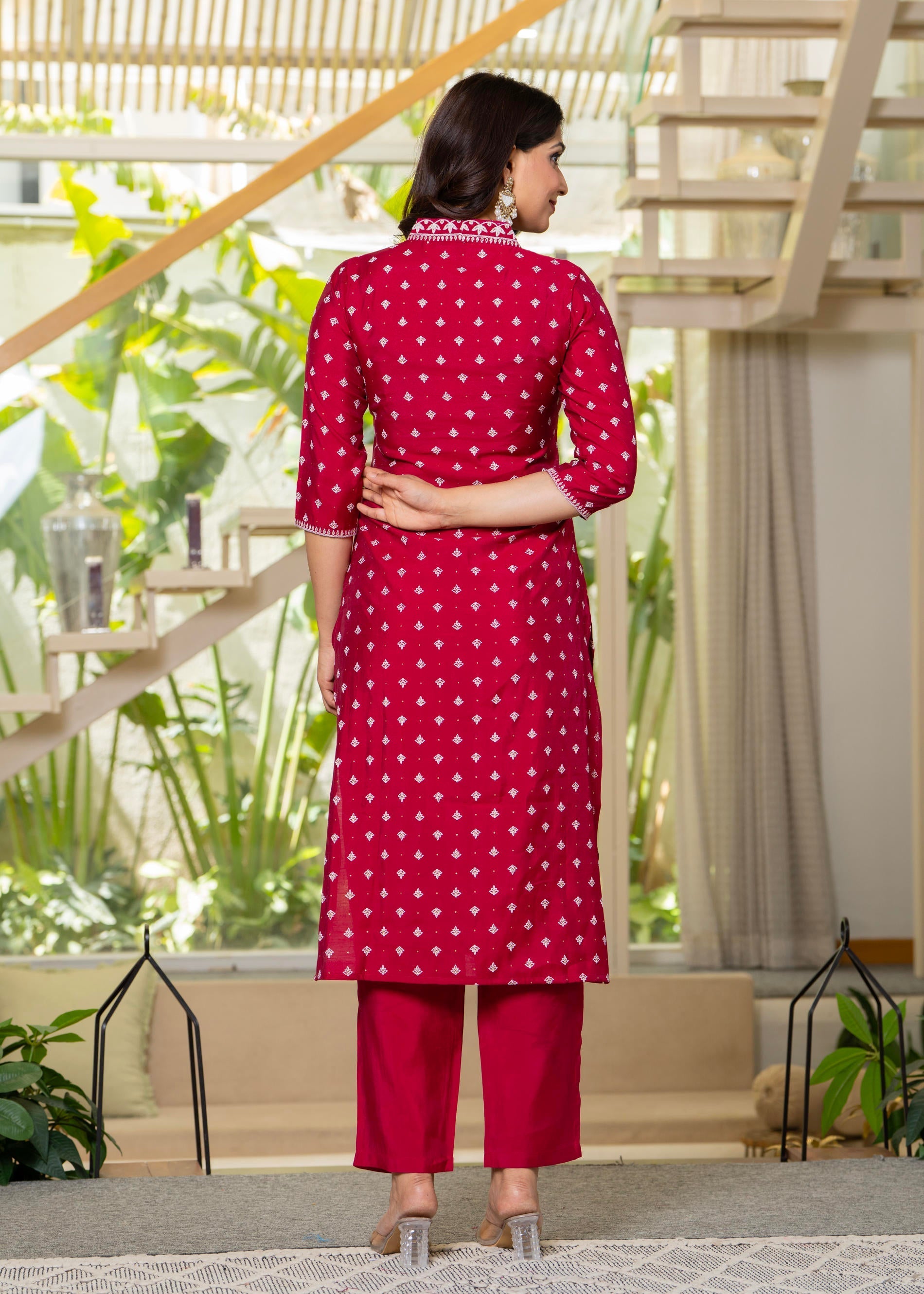 Fuchsia Solid Man Made Fiber Kurta, Pant & Dupatta Set with Thread Wor
