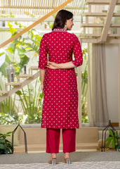 Fuchsia Solid Man Made Fiber Kurta, Pant & Dupatta Set with Thread Work
