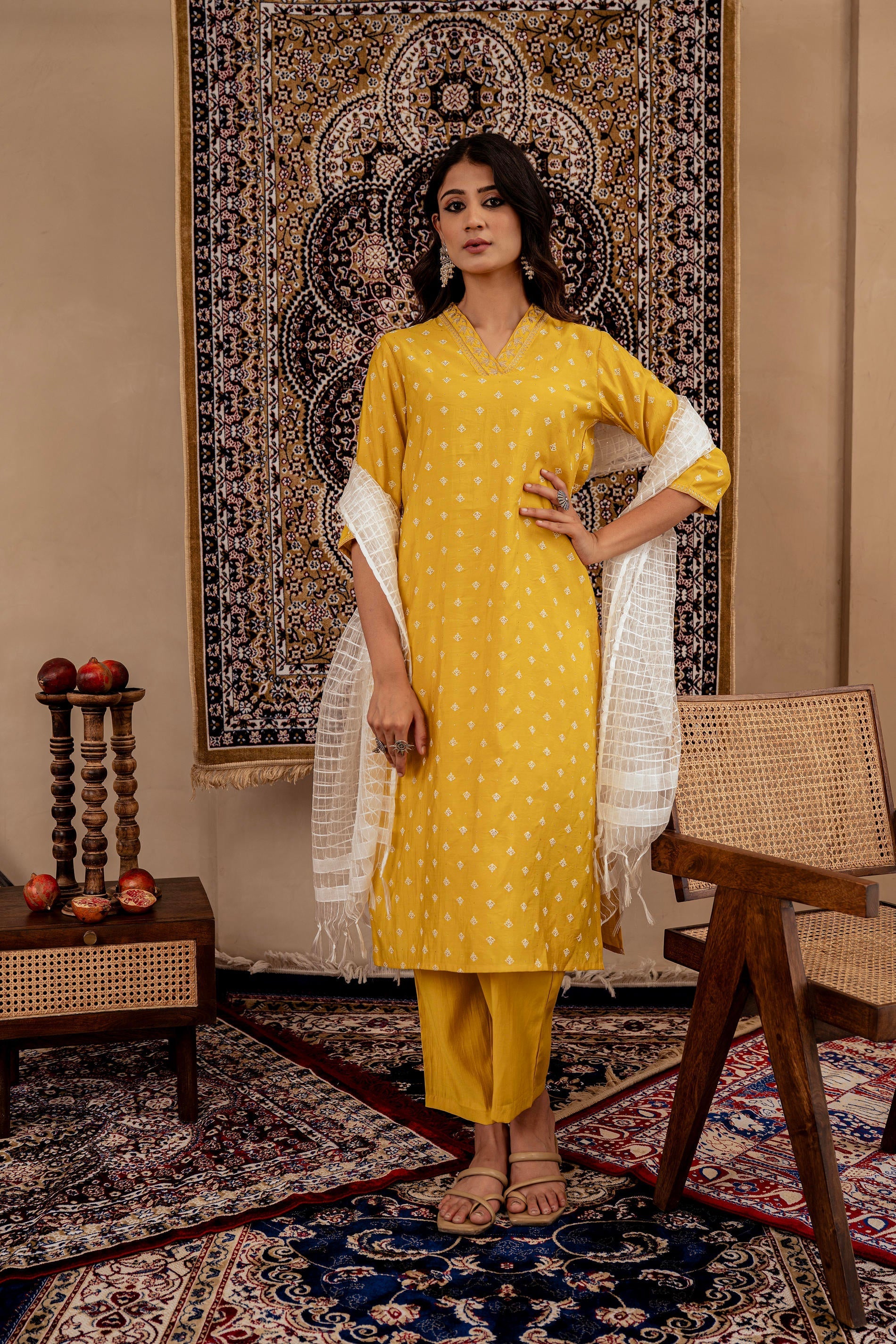 Mustard Solid Man Made Fiber Kurta, Pant & Dupatta Set with Thread Wor