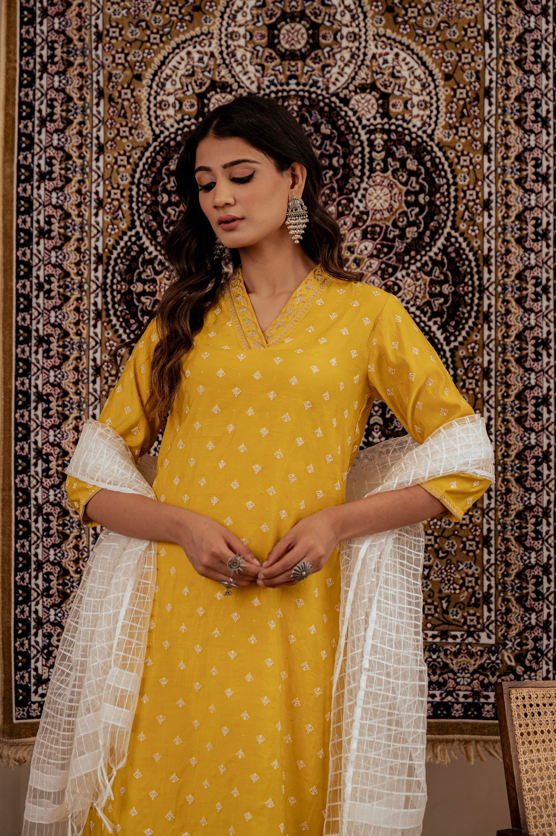 Mustard Solid Man Made Fiber Kurta, Pant & Dupatta Set with Thread Wor