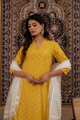 Mustard Solid Man Made Fiber Kurta, Pant & Dupatta Set with Thread Work