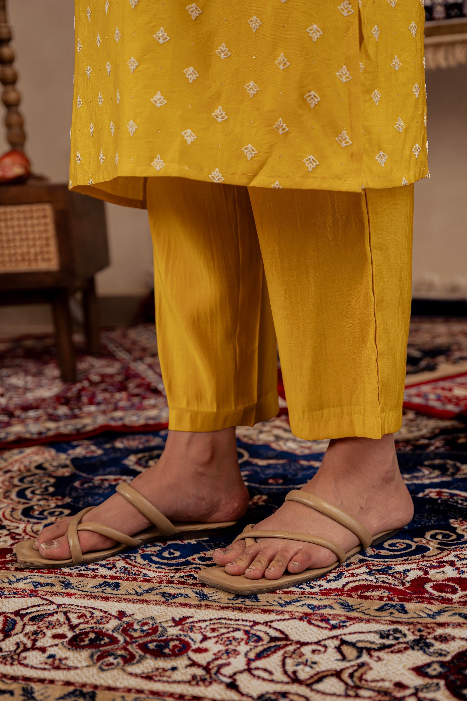 Mustard Solid Man Made Fiber Kurta, Pant & Dupatta Set with Thread Wor