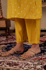 Mustard Solid Man Made Fiber Kurta, Pant & Dupatta Set with Thread Work