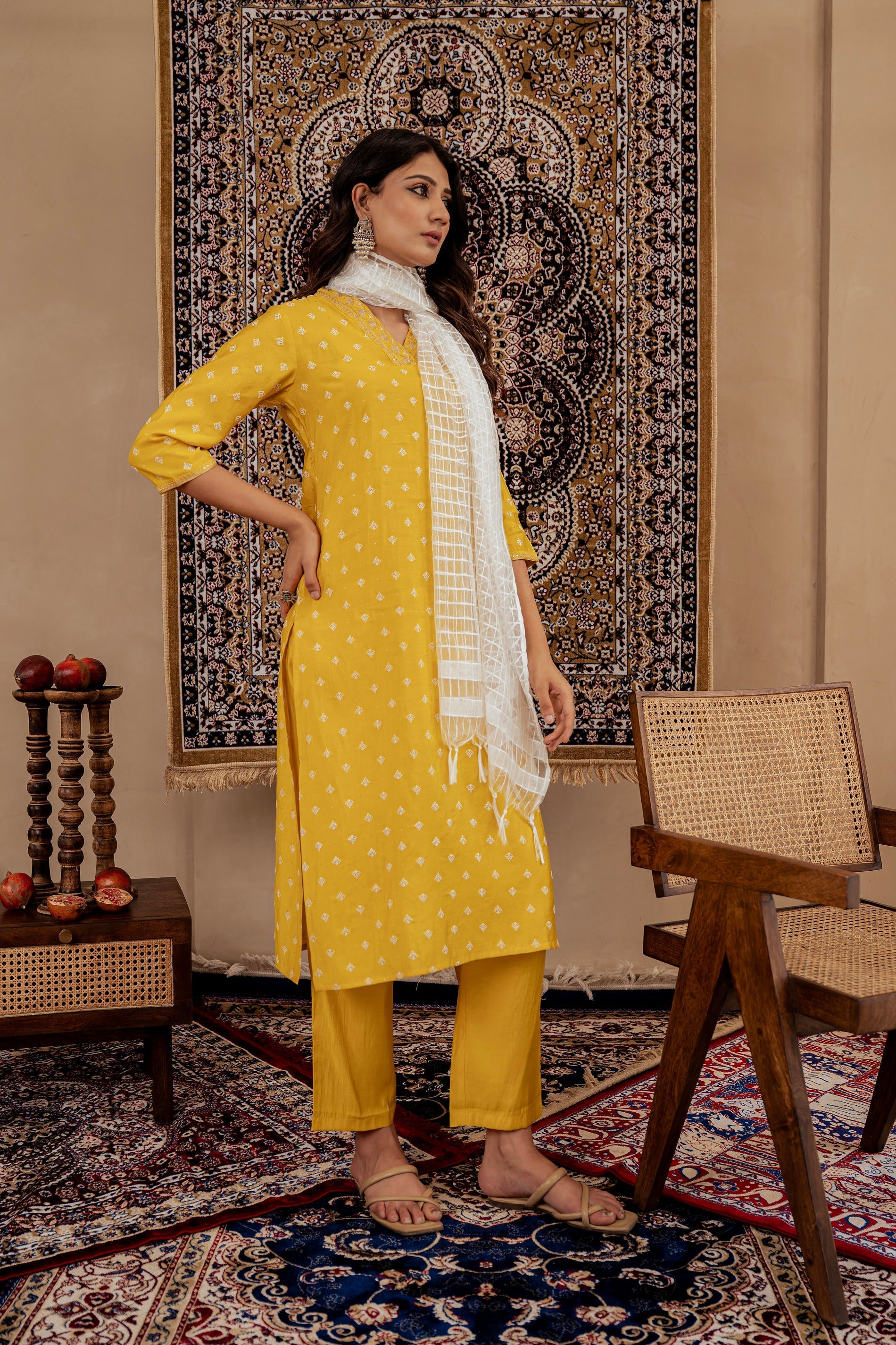 Mustard Solid Man Made Fiber Kurta, Pant & Dupatta Set with Thread Wor