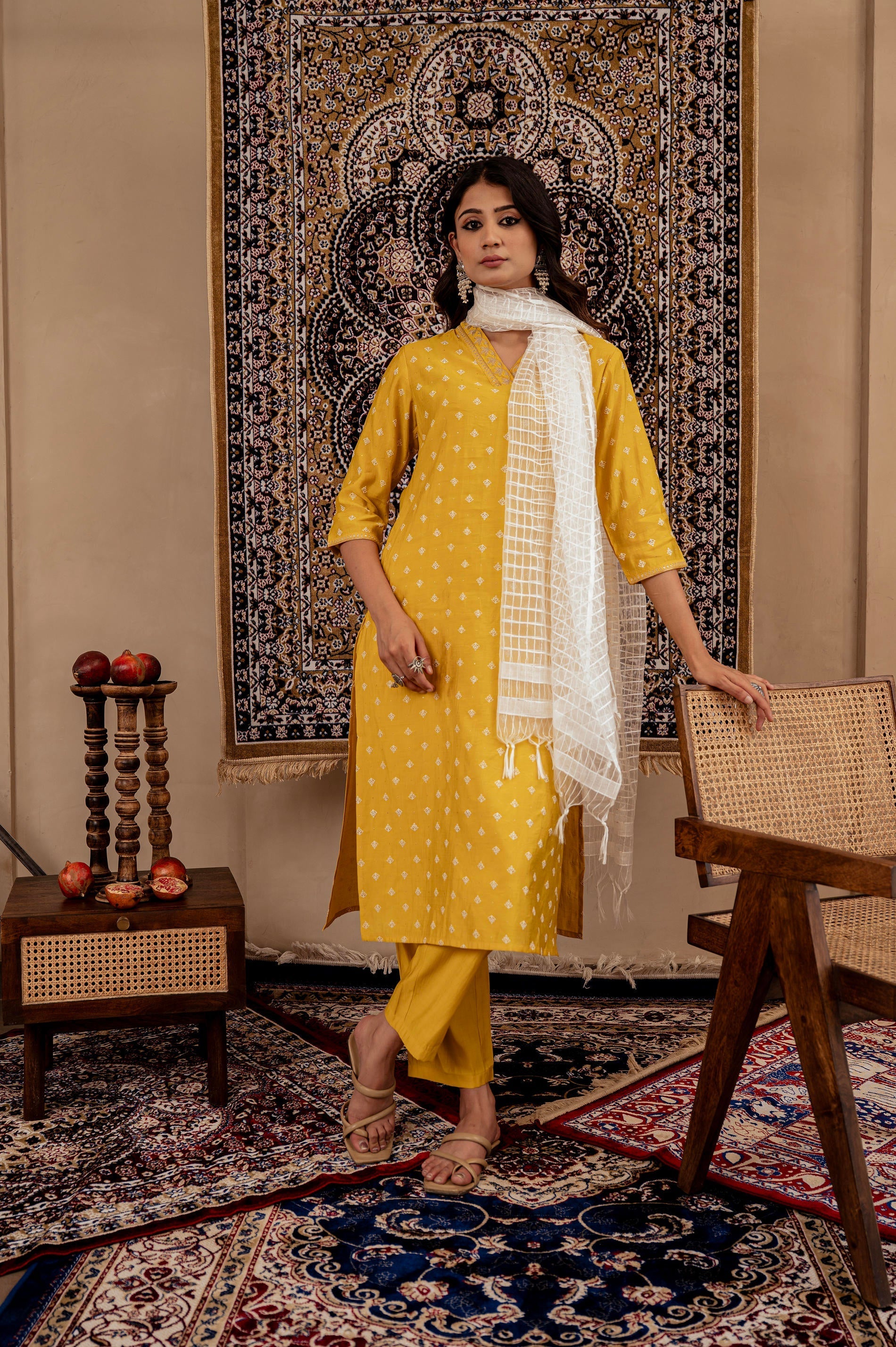 Mustard Solid Man Made Fiber Kurta, Pant & Dupatta Set with Thread Wor