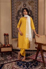 Mustard Solid Man Made Fiber Kurta, Pant & Dupatta Set with Thread Work
