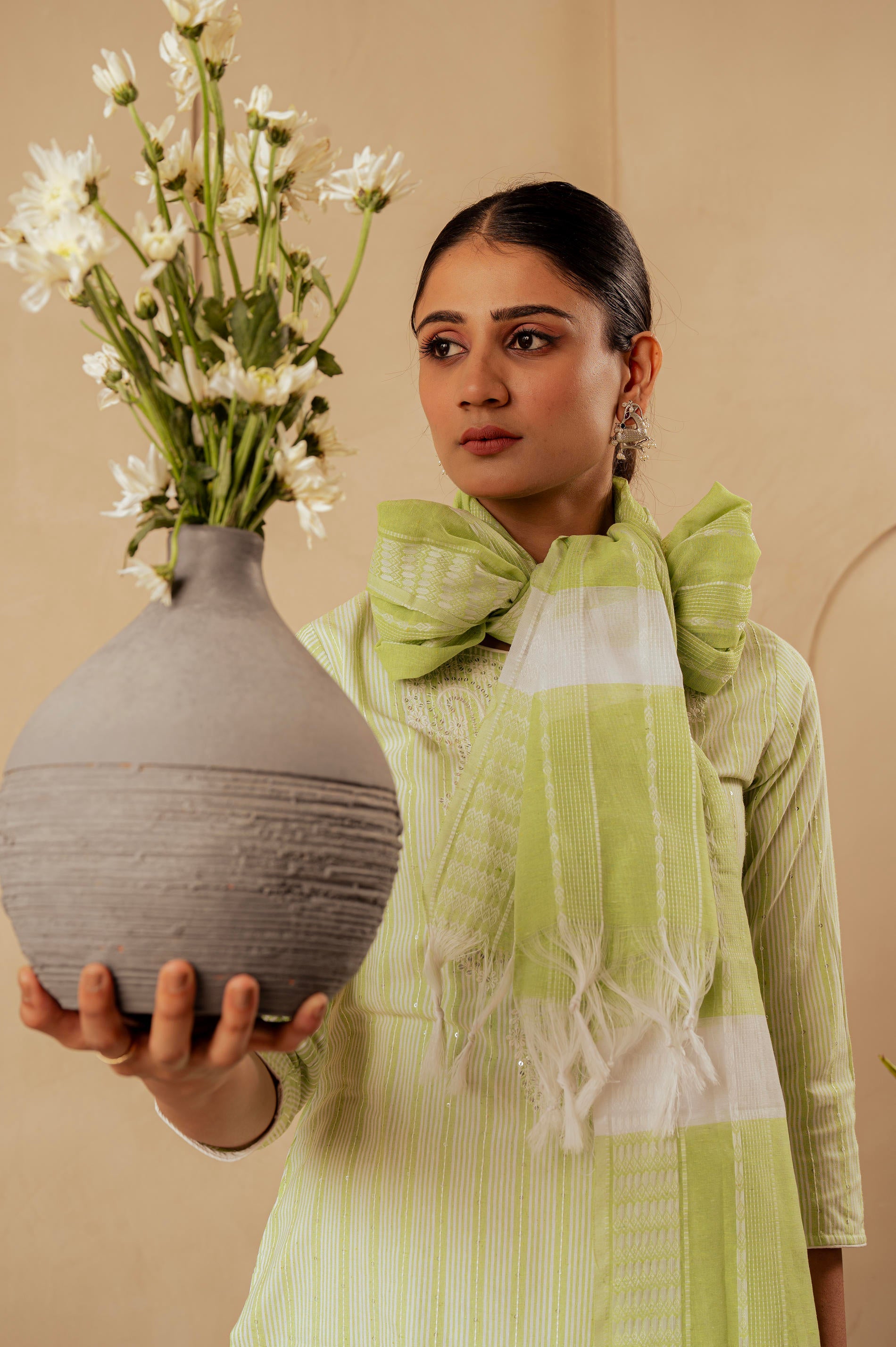Sage Green   Kurta Set with Subtle Thread Embroidery