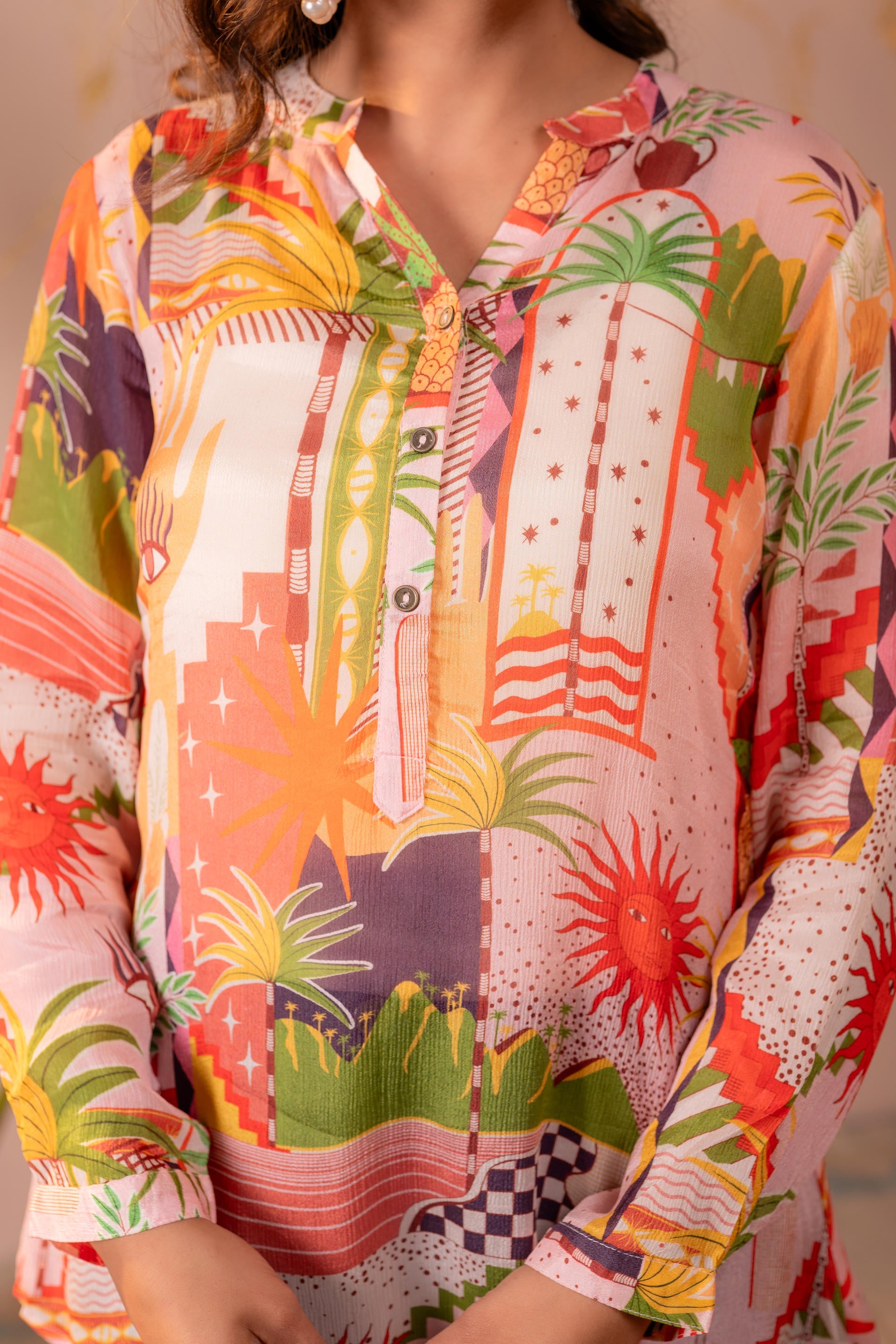  Abstract Printed Contemporary Tunic Top