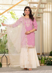 Pastel Pink Embroidered Kurta Set with Ivory Sharara and Dupatta