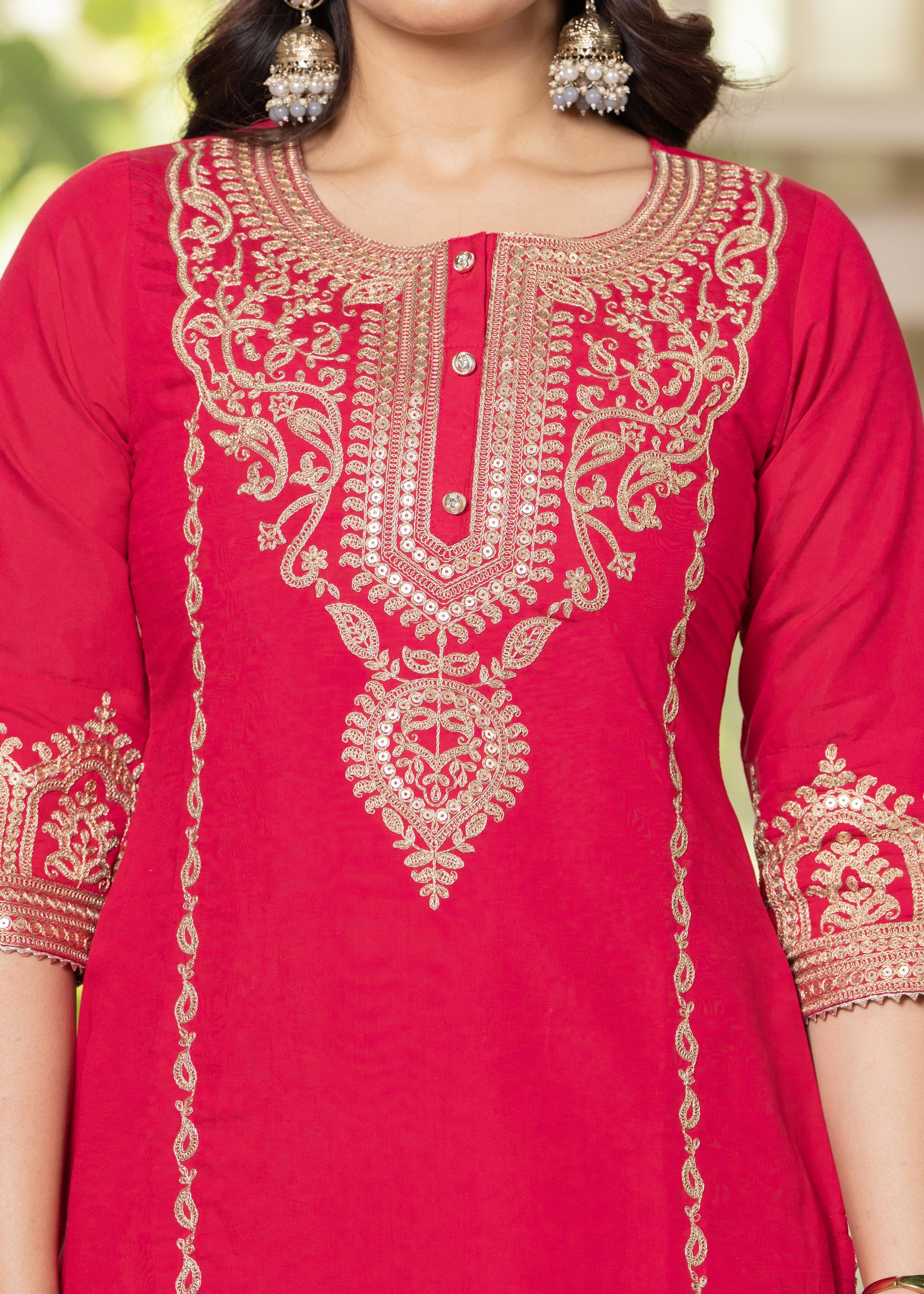 Viscose Fuchsia Embroidered Kurta Pant and Dupatta Set with Zari Work And Sequin