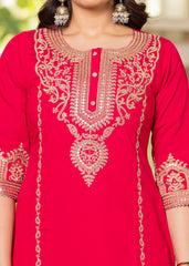 Viscose Fuchsia Embroidered Kurta Pant and Dupatta Set with Zari Work And Sequin