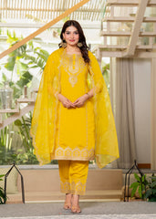 Viscose Mustrad Embroidered Kurta Pant and Dupatta Set with Zari Work And Sequin