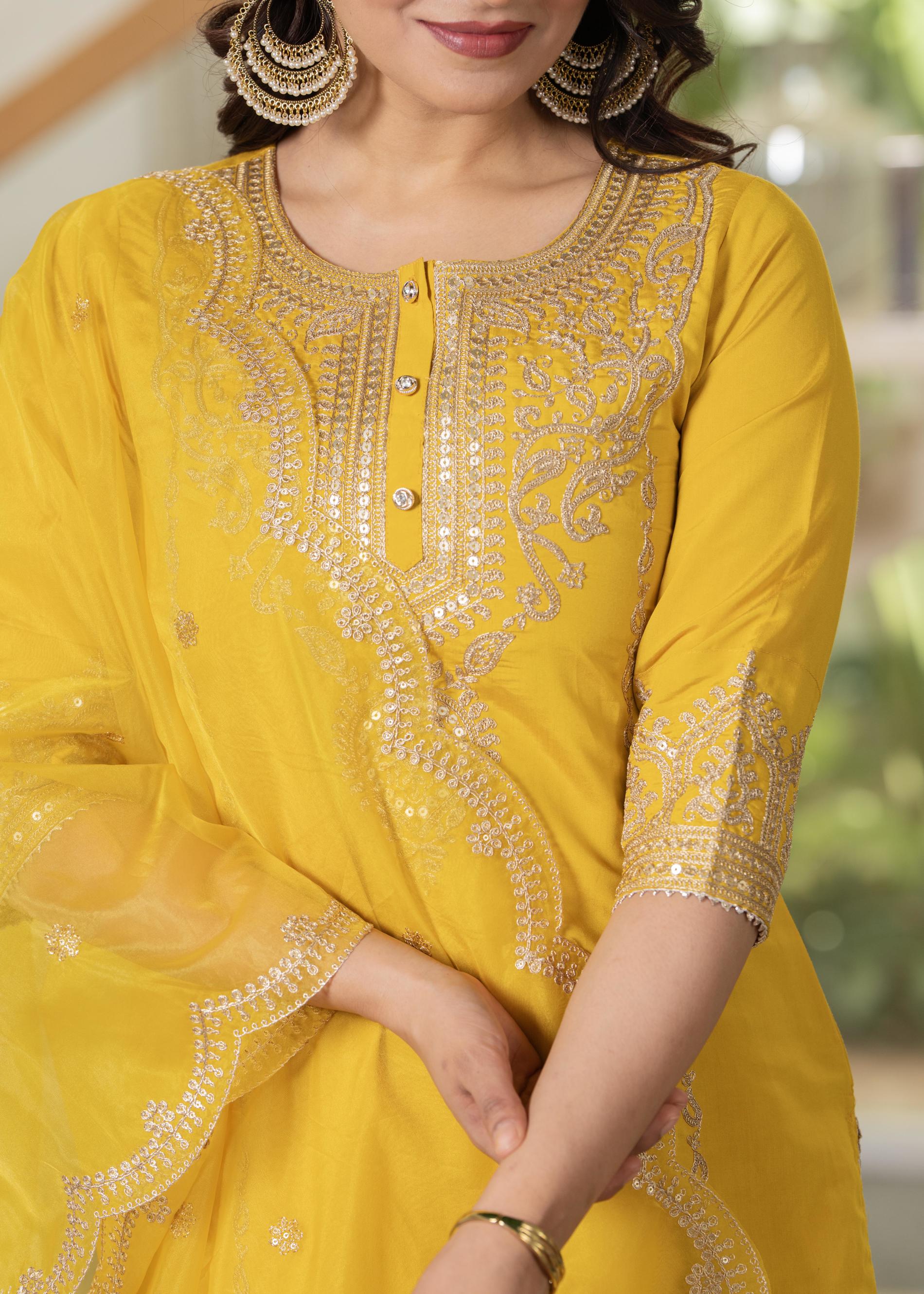 Viscose Mustrad Embroidered Kurta Pant and Dupatta Set with Zari Work And Sequin