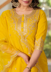 Viscose Mustrad Embroidered Kurta Pant and Dupatta Set with Zari Work And Sequin