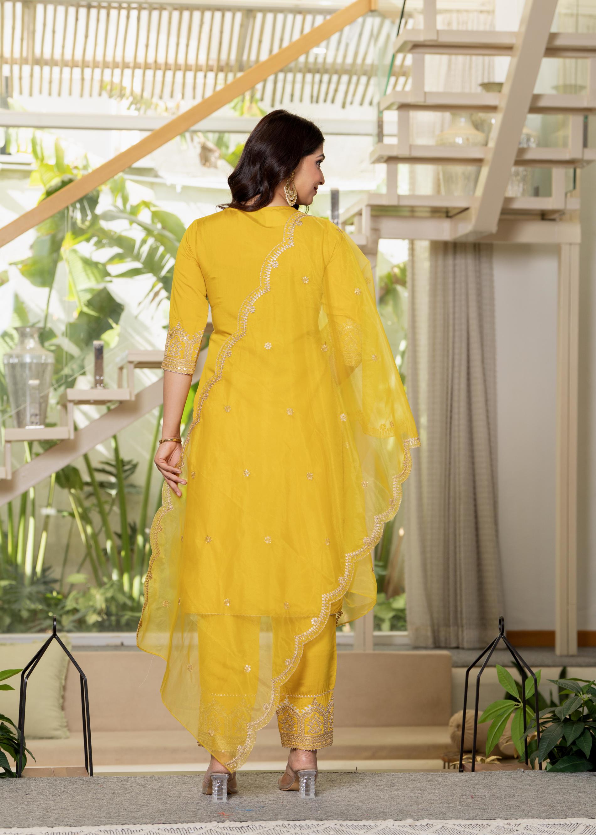 Viscose Mustrad Embroidered Kurta Pant and Dupatta Set with Zari Work And Sequin