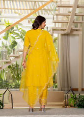 Viscose Mustrad Embroidered Kurta Pant and Dupatta Set with Zari Work And Sequin
