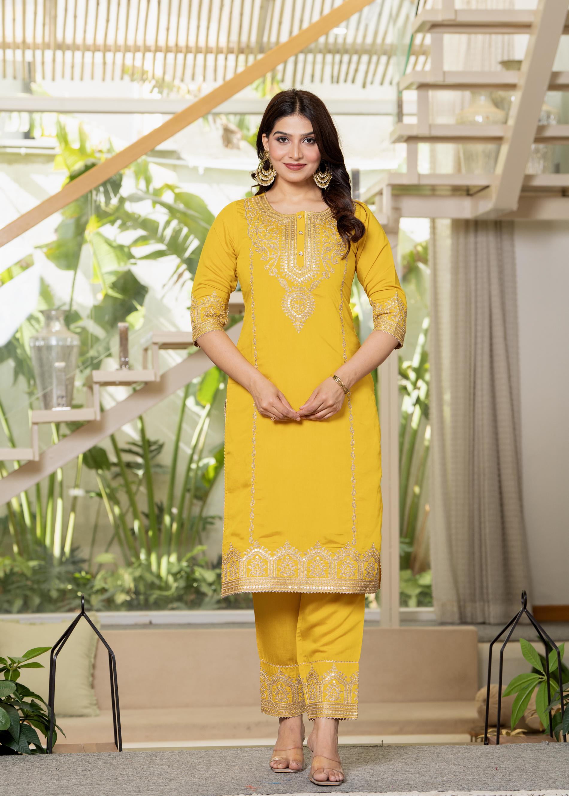 Viscose Mustrad Embroidered Kurta Pant and Dupatta Set with Zari Work And Sequin